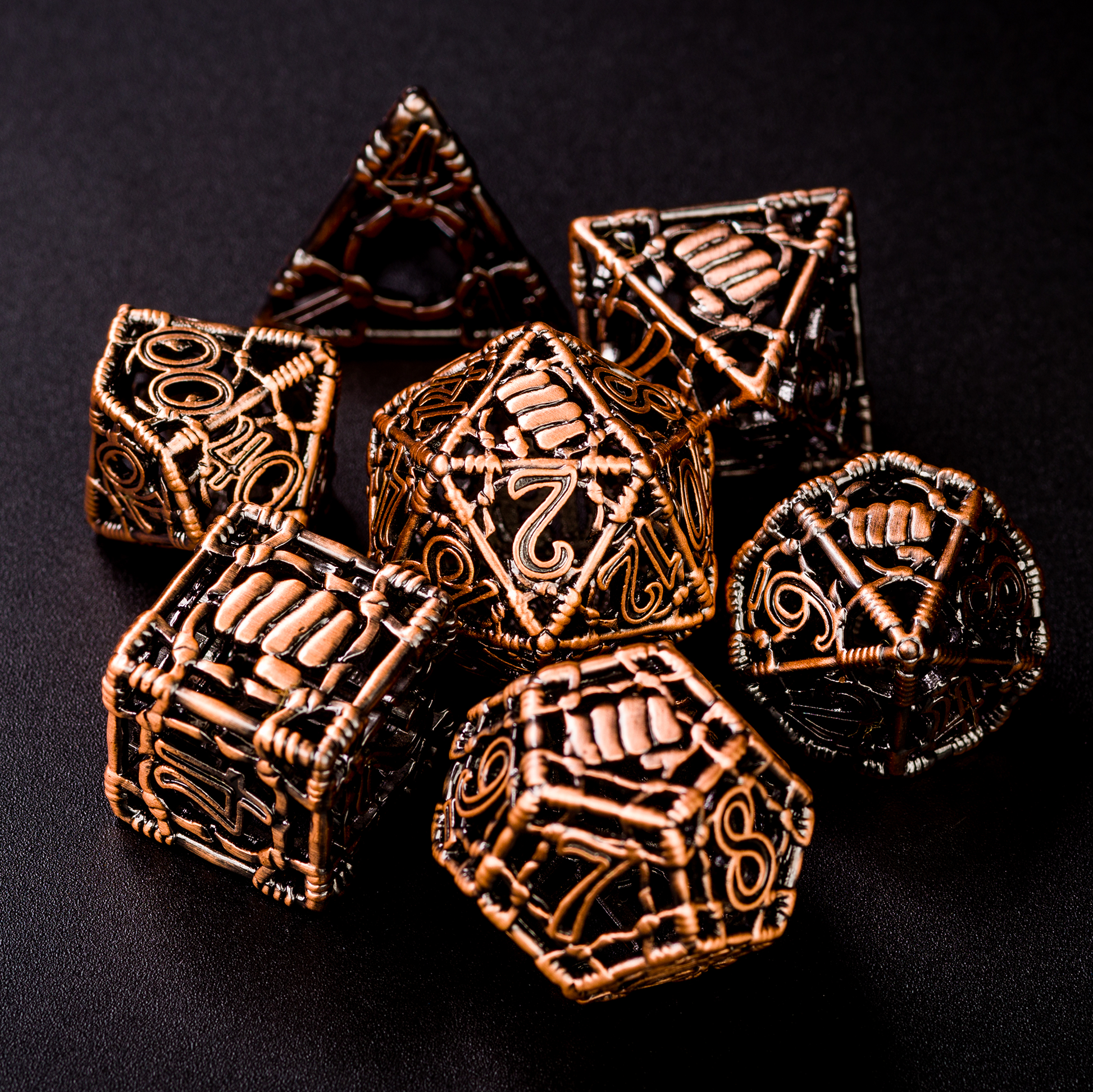 All 7 copper dice displayed on a black background, with the 20 sided die in the center and the other 6 die in a tight circle around it