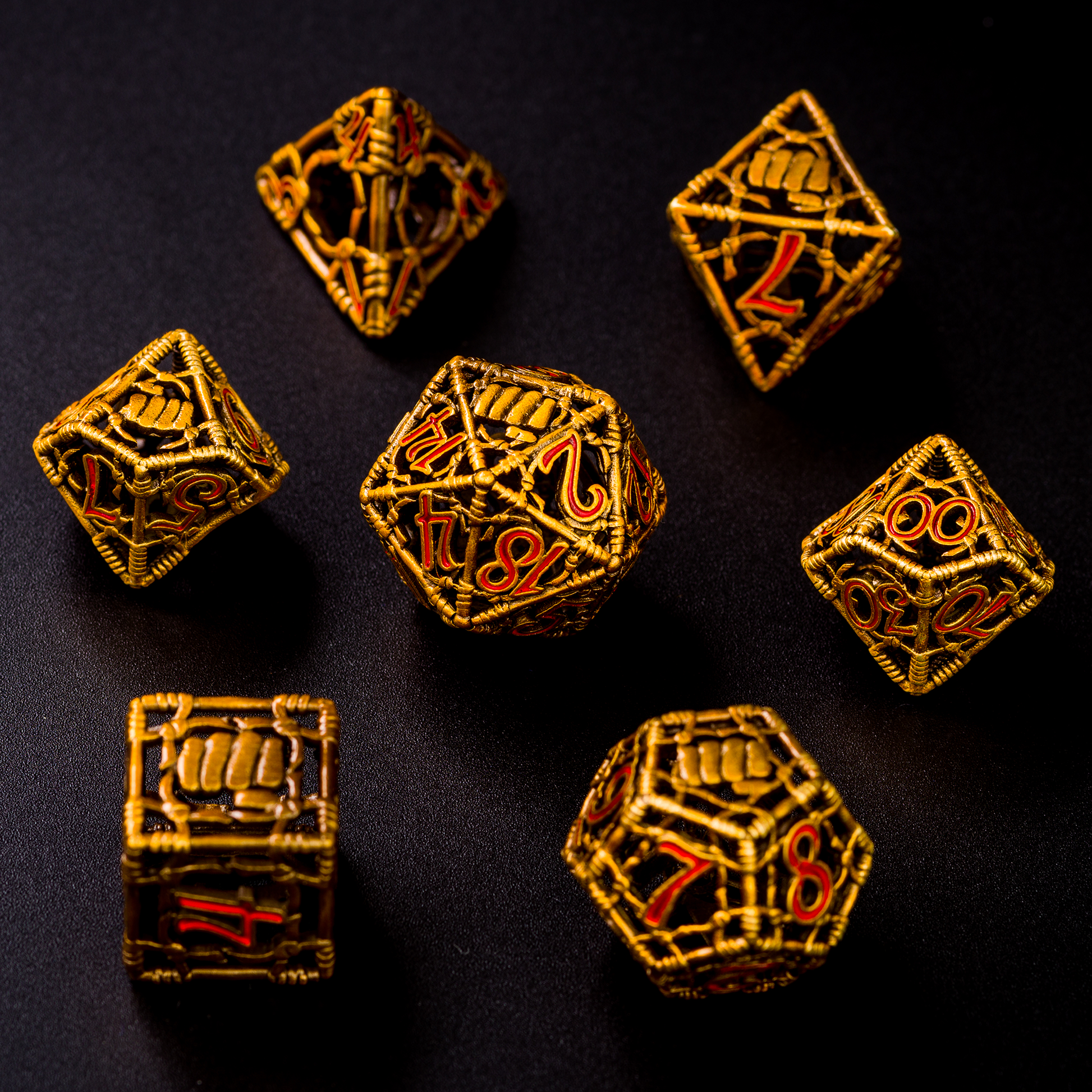 All 7 gold and red dice displayed on a black background. 20 sided die is in the center with the other 6 dice surrounding it in a circle.