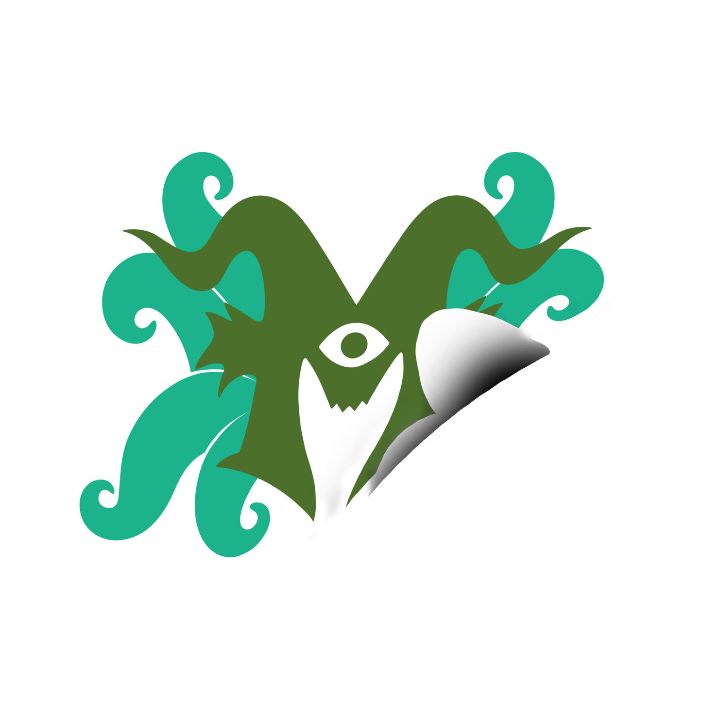 Mutated Monsters logo sticker with green M and teal swirls. Bottom right of image is peeling up to show underside, emphasizing sticker design.