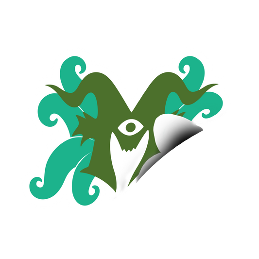 Mutated Monsters logo sticker with green M and teal swirls. Bottom right of image is peeling up to show underside, emphasizing sticker design.