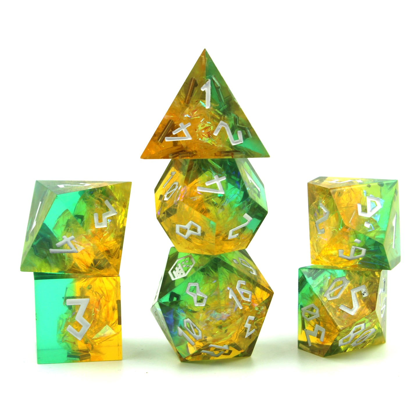 Stacked StarGlow Mutation Green Sharp Edge Resin Dice on a white background, showcasing the sharp edges, green and yellow transitions, and silver Roman-inspired numbering.