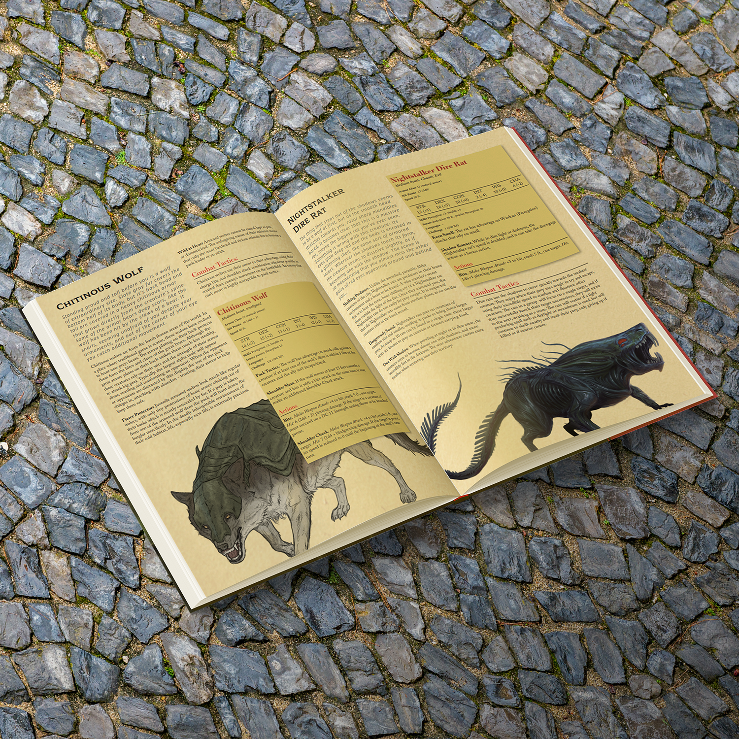 Open Mutated Monsters book on a stony background, displaying a section of unique creatures with detailed descriptions and artwork.