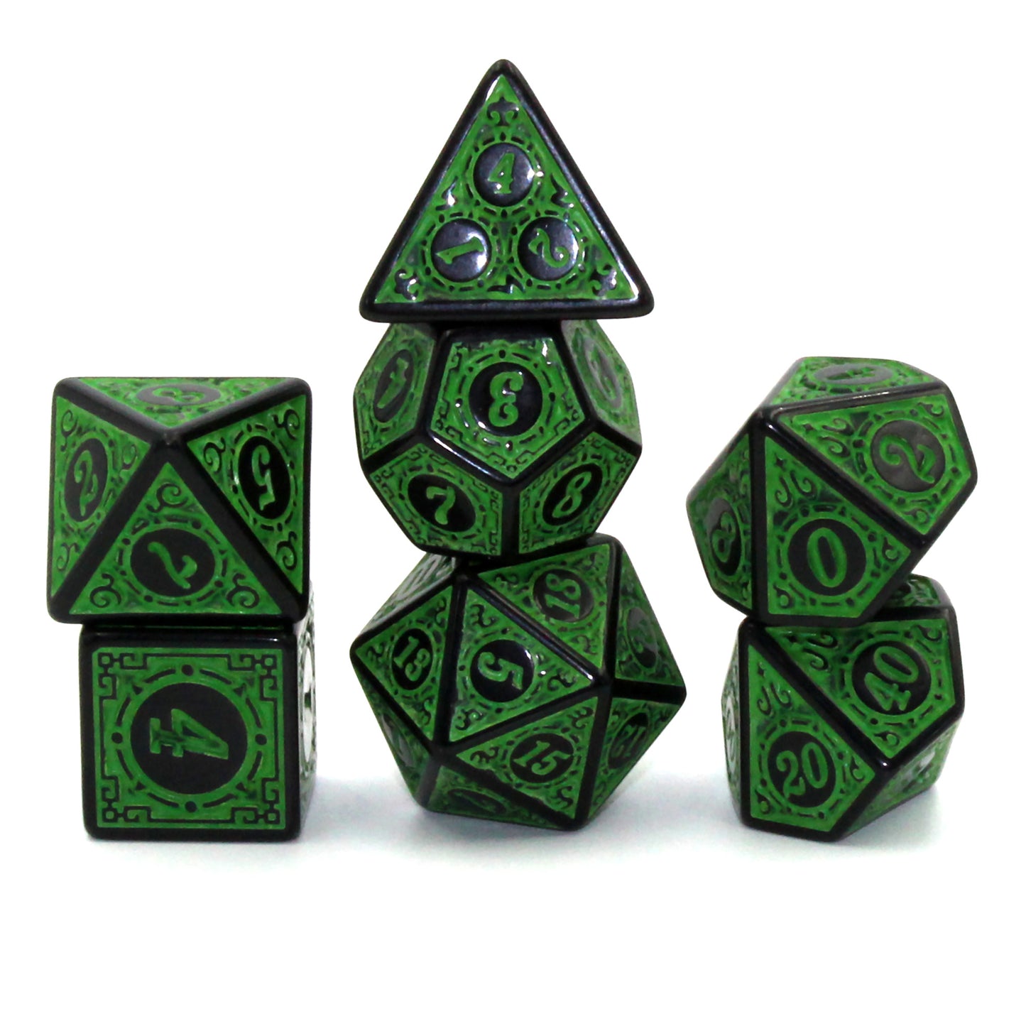 Oracle's Flame green dice set arranged in three columns on a white surface.