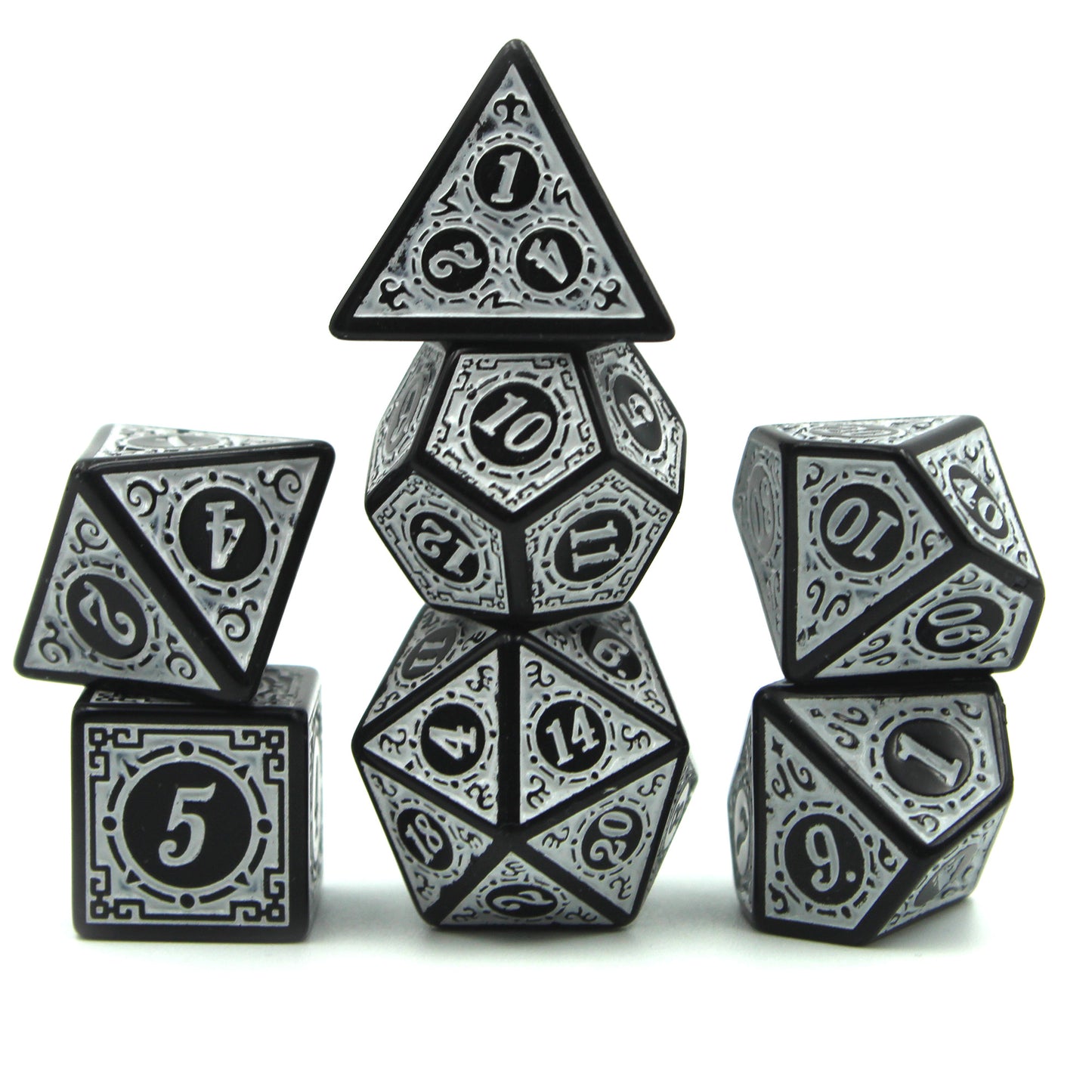 Oracle's Flame white dice set arranged in three columns on a white surface.