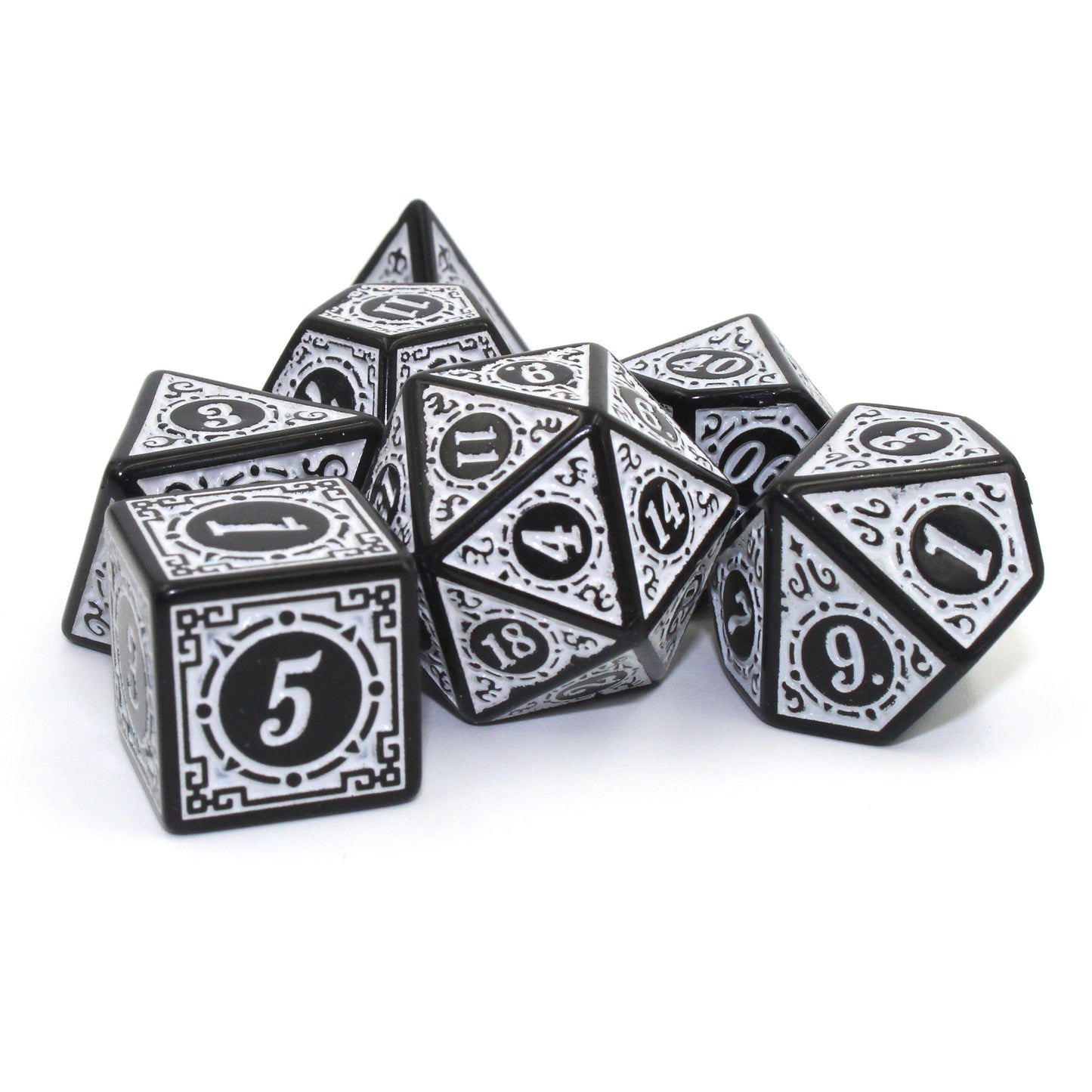 Oracle's Flame white dice set arranged in a pile on a white surface.
