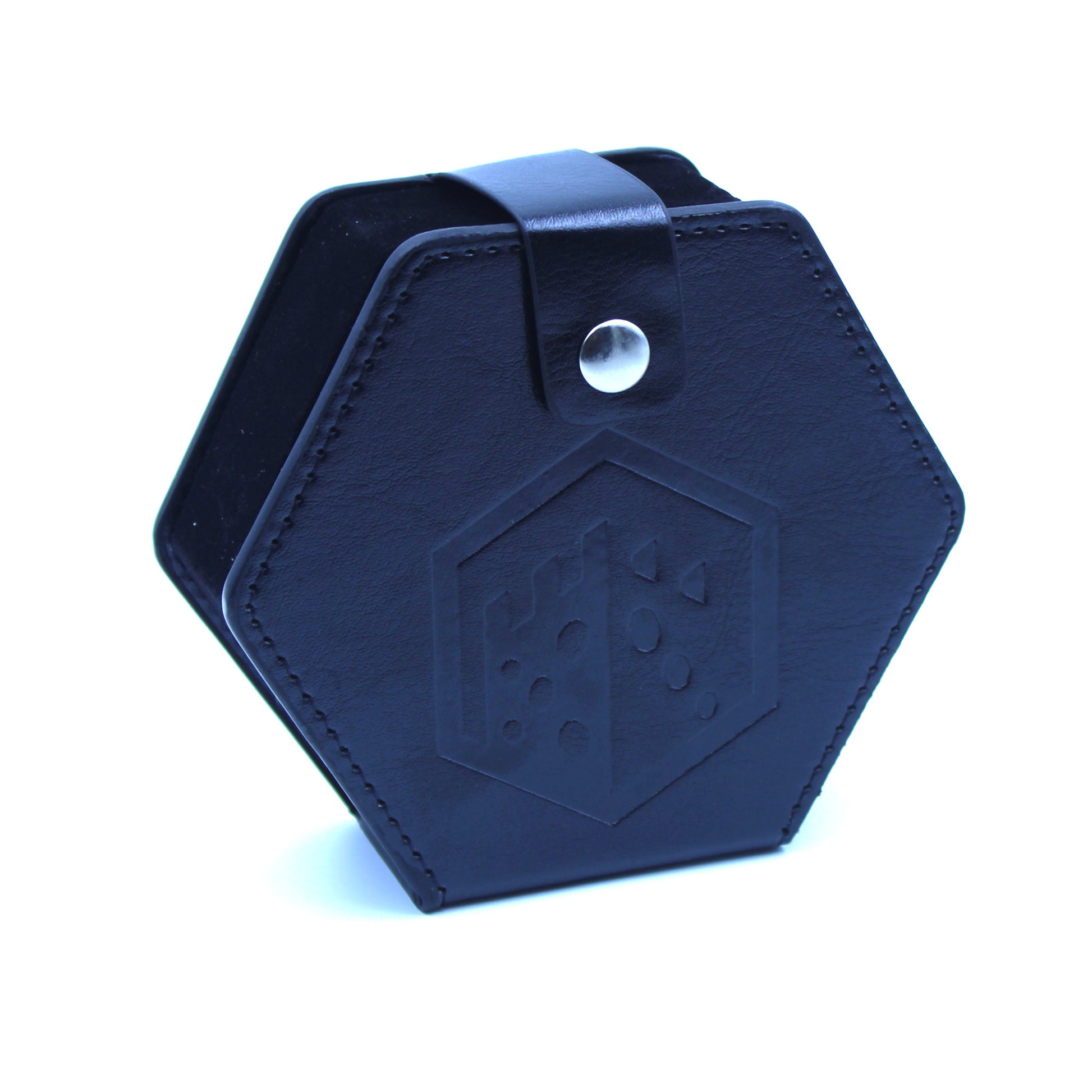 A black faux leather hexagonal dice case with a silver snap enclosure and the Dice Dungeons logo embossed onto the front of it
