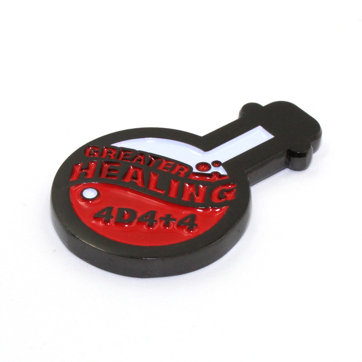 Potion of Greater Healing Token on white surface. Token is shaped like a round bottom boiling flask, halfway filled with the design of red bubbly liquid and the words "greater healing" written in red. On the liquid is the black lettering "4D4+4".