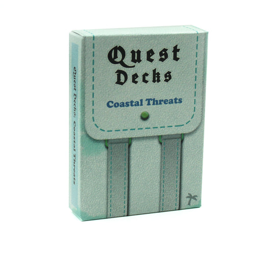 Deck box for Quest Decks: Coastal Threats on a white background.  The box features a backpack style design in a sea foam green and blue with the palm tree expansion symbol for the set in the lower right hand corner of the front.