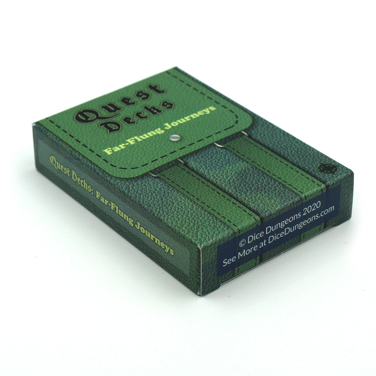 The deck box for Quest Decks: Far-Flung Journeys laying on a white surface with the front, left, and bottom sides visible. This deck contains 45 quest prompts that adventurers might find in their travels.