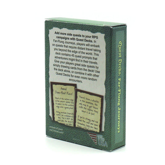 Picture of the back of the Quest Decks: Far-Flung Journeys deck box which reads, "Add more side quests to your RPG campaigns with Quest Decks. In Far Flung Journeys, players will embark on quests that require distant travel taking you beyond the edge of the world..." and has two example cards below the text.