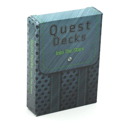 A picture of the Quest Decks: Into The Stars tuck box standing on a white surface and background.  The backpack design features green stitching and a perforated metal body art appropriate for a Sci-i adventure.