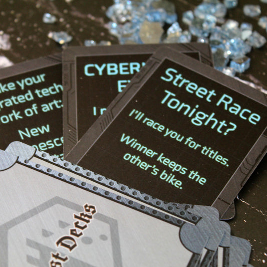 Example cards from the Neon Dystopia Quest Deck with the prominent card reading "Street Race Tonight? I'll Race you for titles, winner keeps the other's bike."
