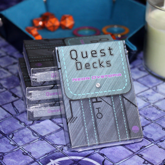 Dice Dungeons' Neon Dystopia facing the viewer leaning against a stack of decks on a Battle Cloth map with a dice tray in the background.