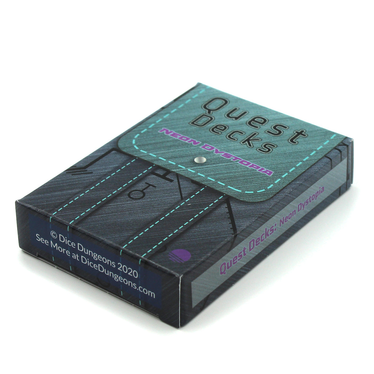 Quest Decks: Neon Dystopia tuck box resting on a white surface. Quest prompts for cyberpunk games.