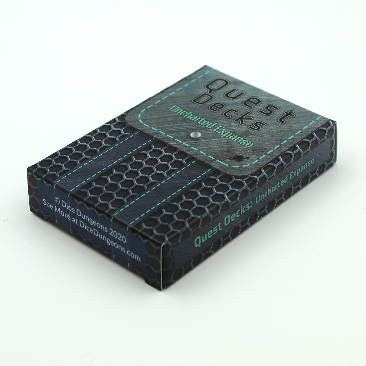 Quest Decks: Uncharted Expanse deck box on a white background. The backpack design of the box features bright stitching and a metal looking hex grid for the body.
