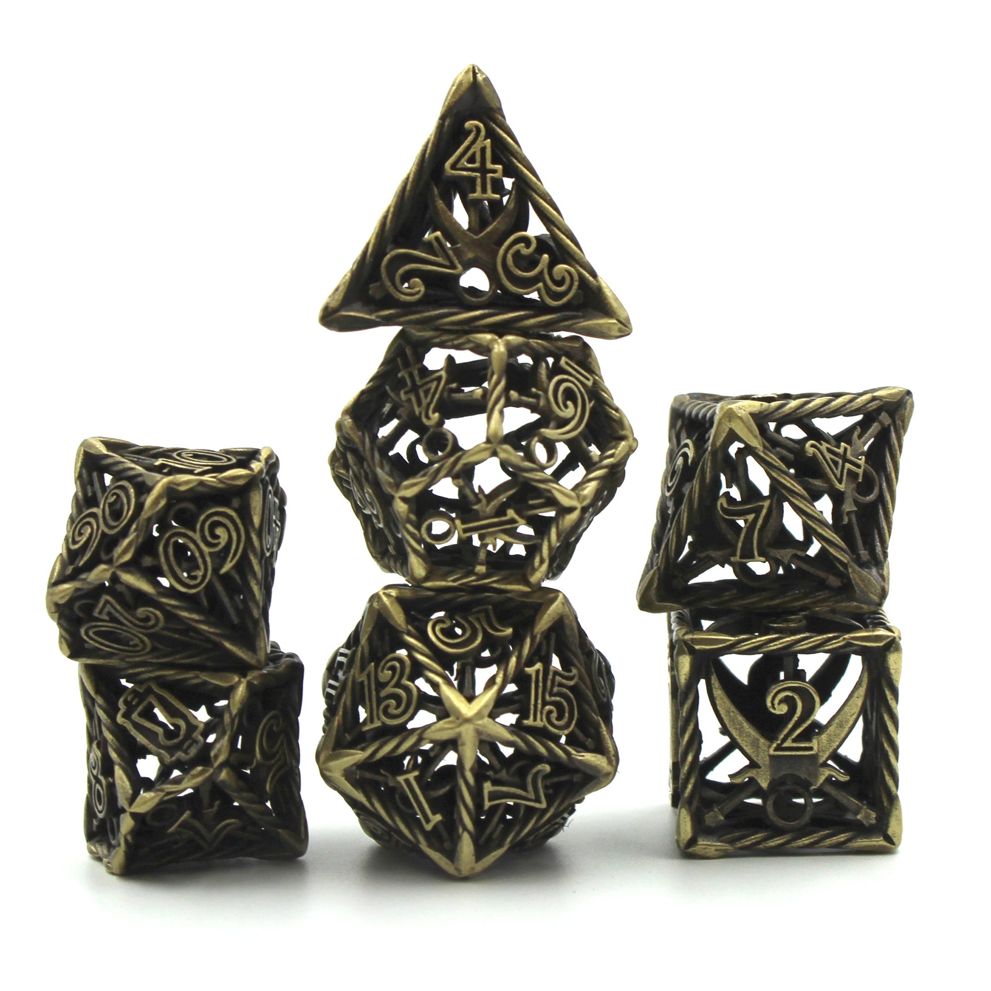 Bronze Ranger Cage dice set arranged in three columns on a white surface.
