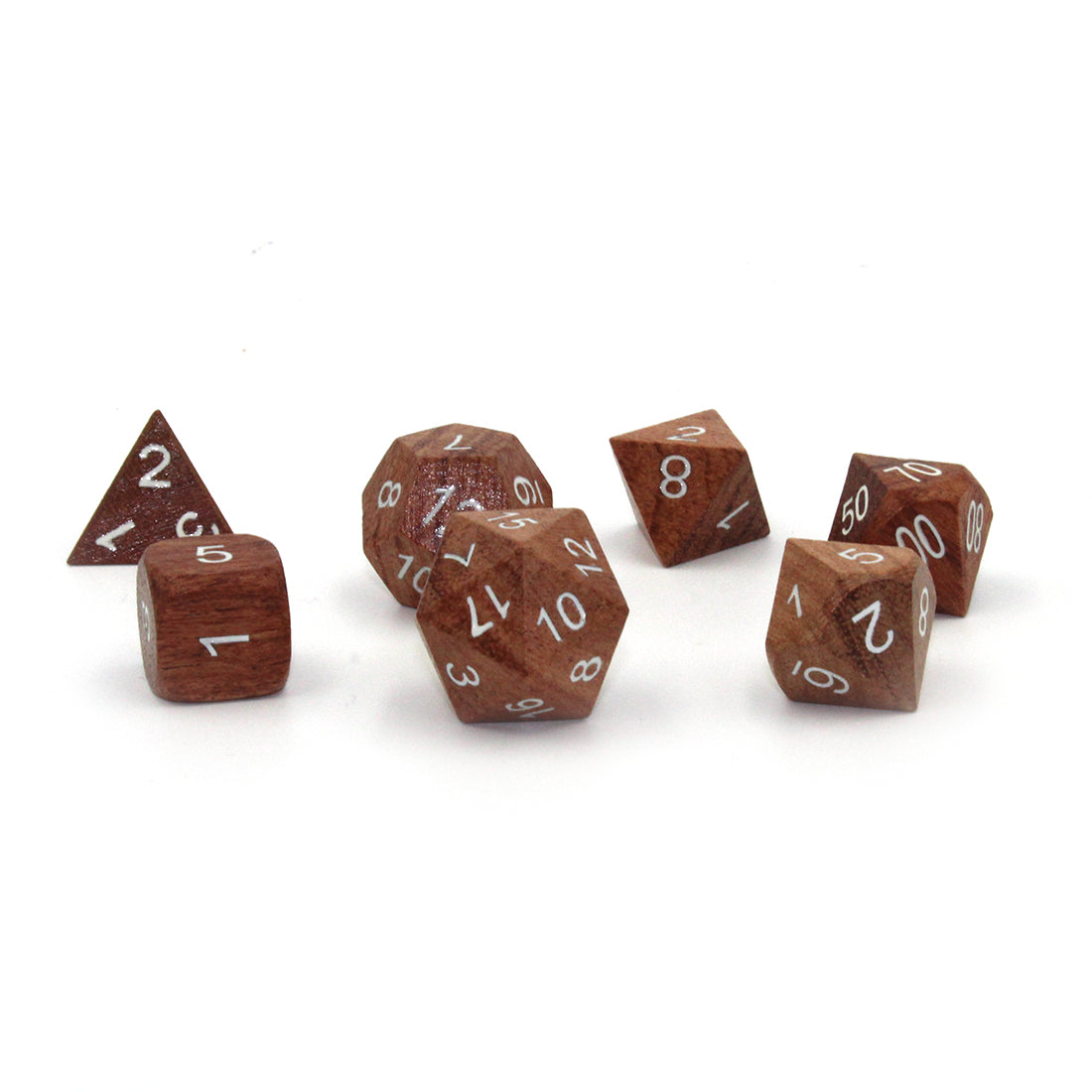 Rose Wood RPG wooden dice set on a white surface.  Each die is milled to showcase the woodgrain unique to each die.