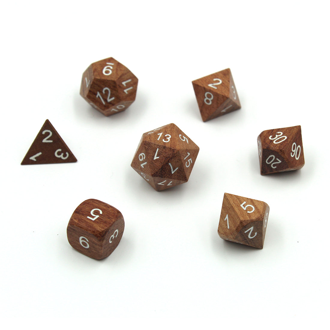 Rose Wood Wooden Dice tabletop RPG dice for Dungeons & Dragons on a white surface. Each die has visible woodgrain and white numbering.