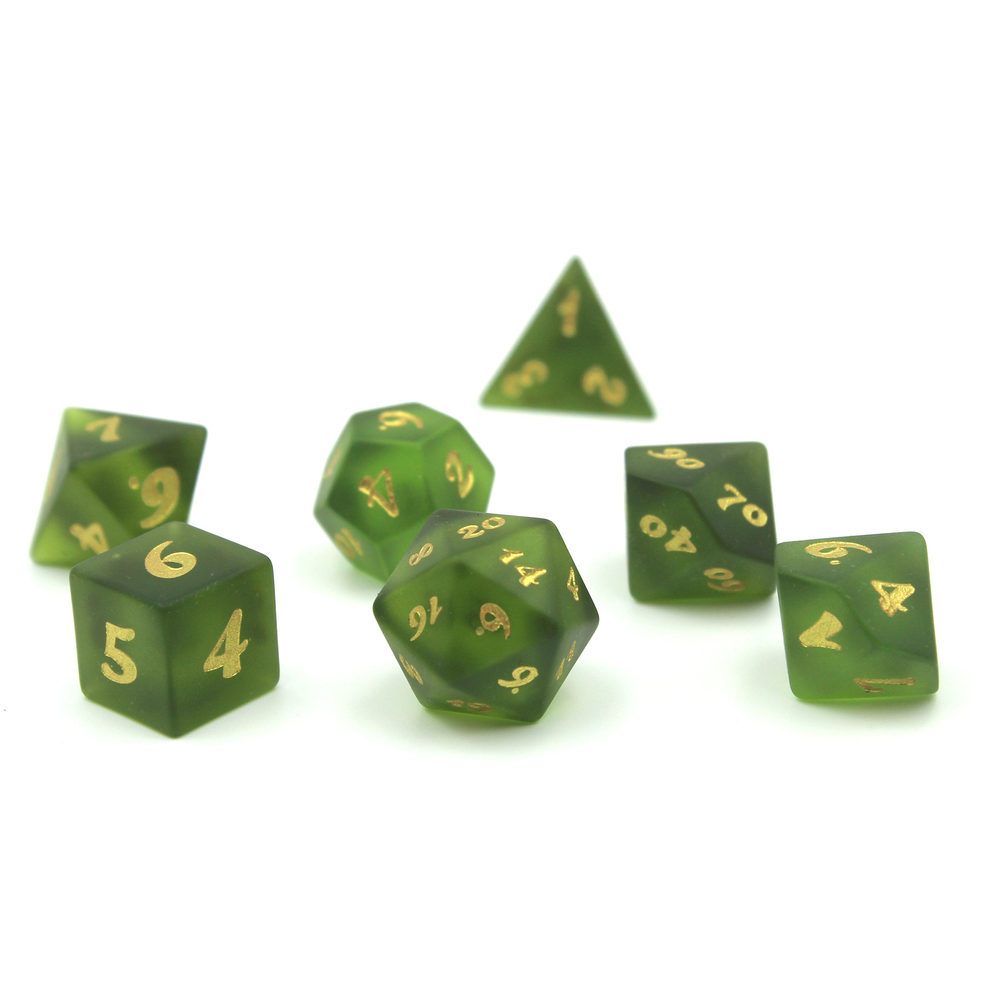 Dice set on a white background, featuring frosted glass with a lightly weathered surface, ideal for D&D gameplay.