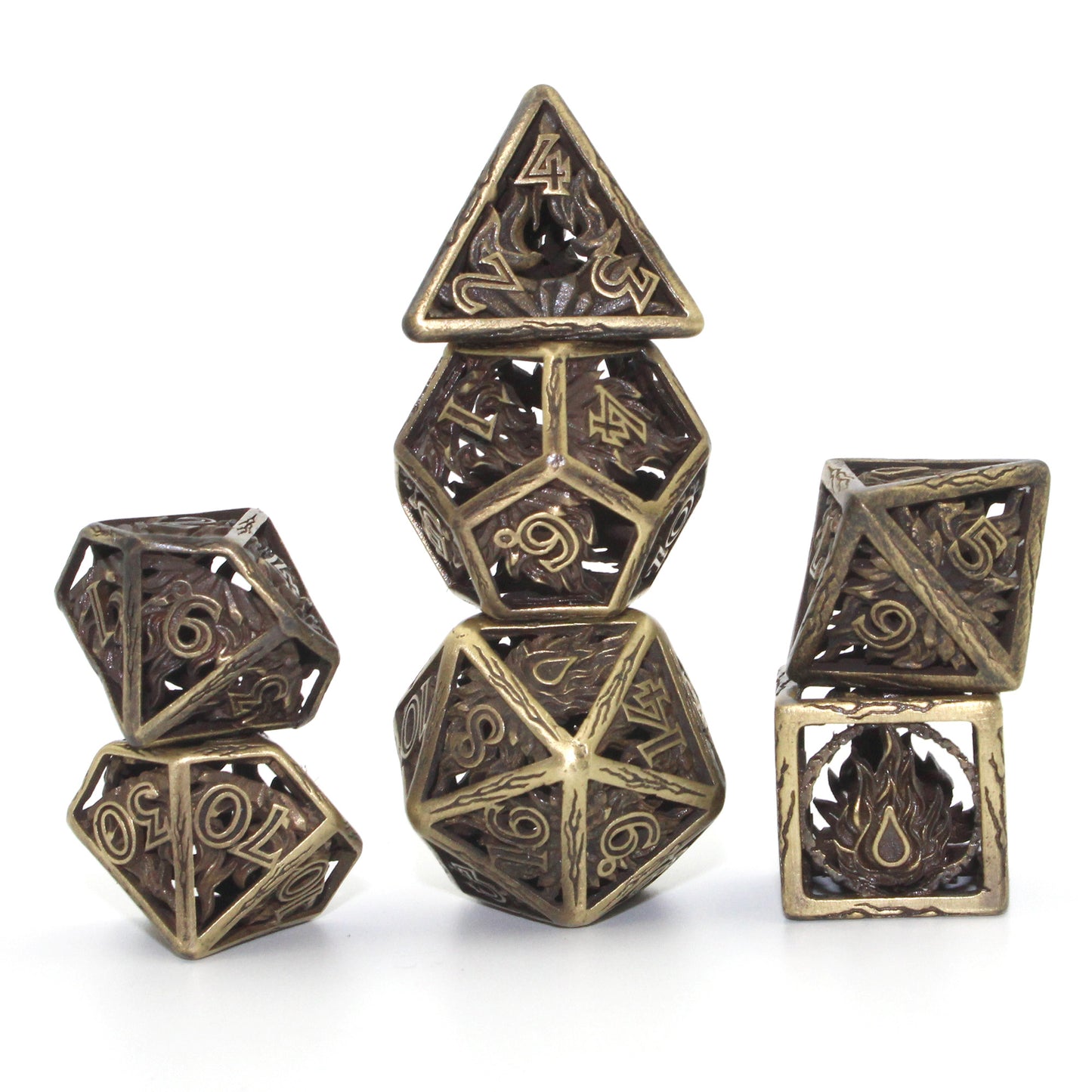 All 7 bronze dice piled up in 3 stacks. Two dice in first stack, three dice in second stack, two dice in third stack. All on a white background.