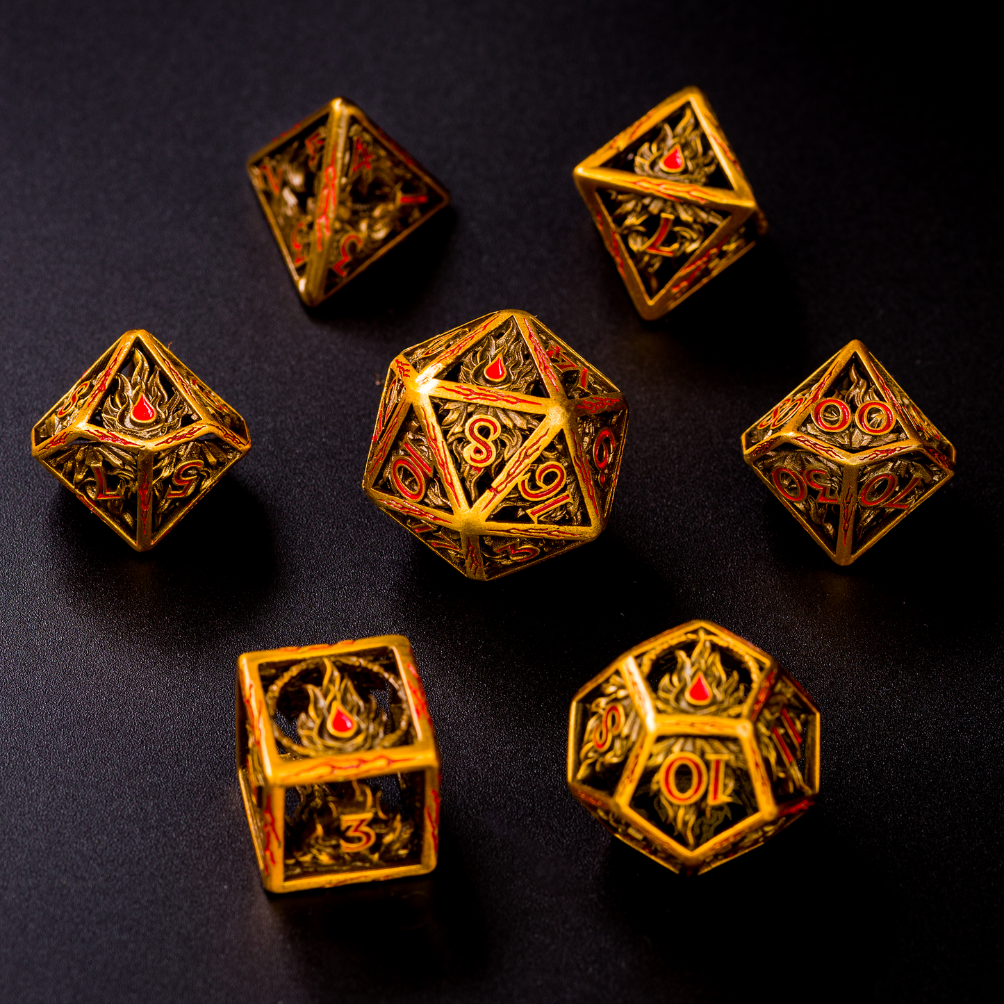 All 7 gold and red dice displayed on a black background. 20 sided die is in the center with the other 6 dice surrounding it in a circle.