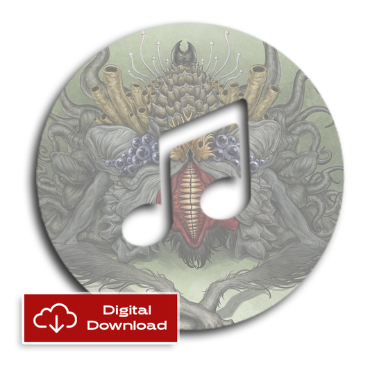 A circle with mutated monsters art and a cut out of a music double note in the center. A red rectangle with the words "digital download" in the bottom left corner. All on a white background.