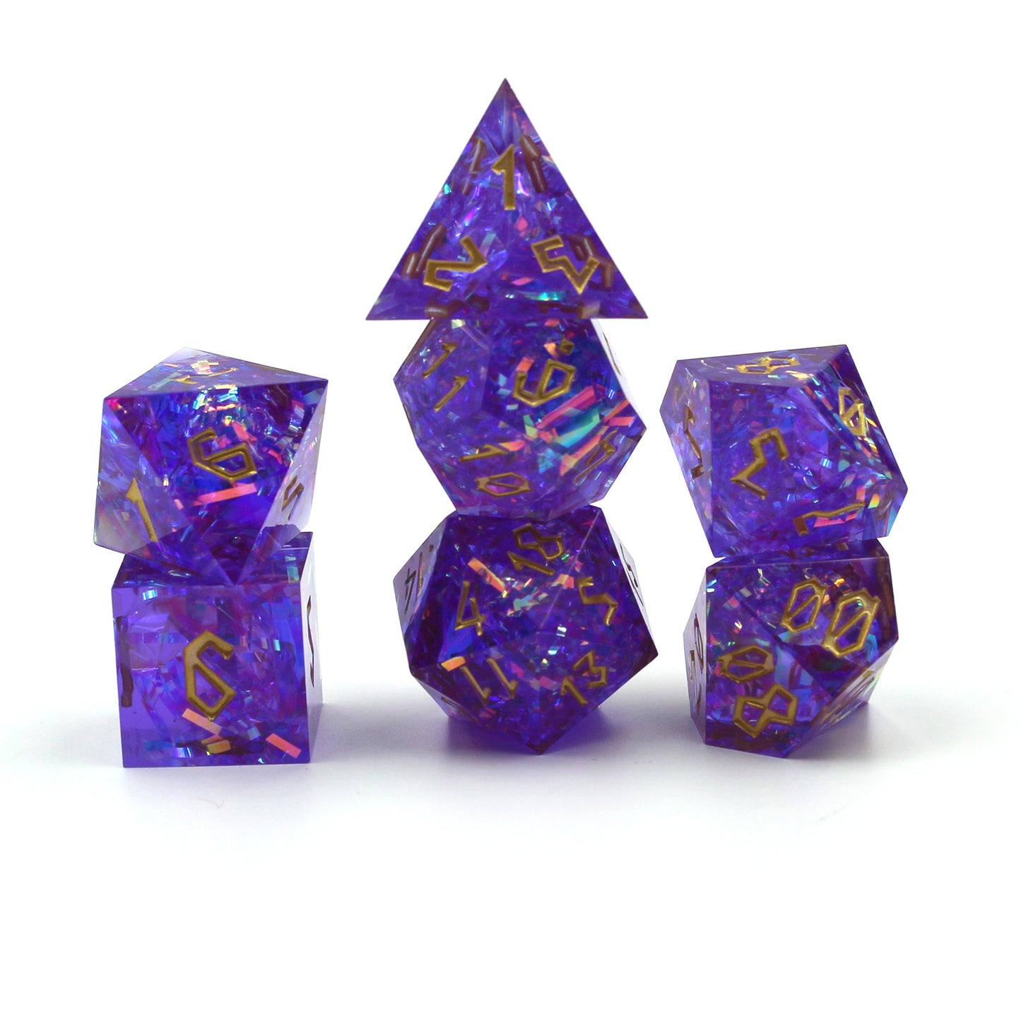 StarGlow Purple dice set arranged in three columns on a white background.