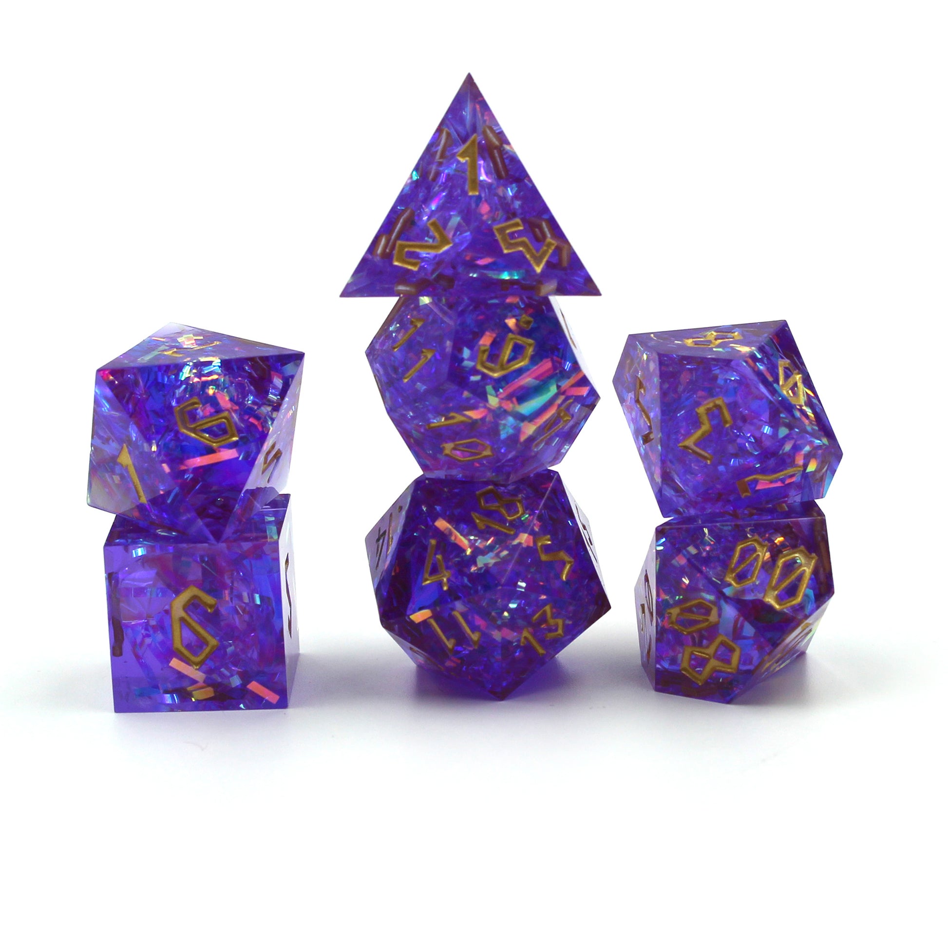 StarGlow Purple dice set arranged in three columns on a white background.
