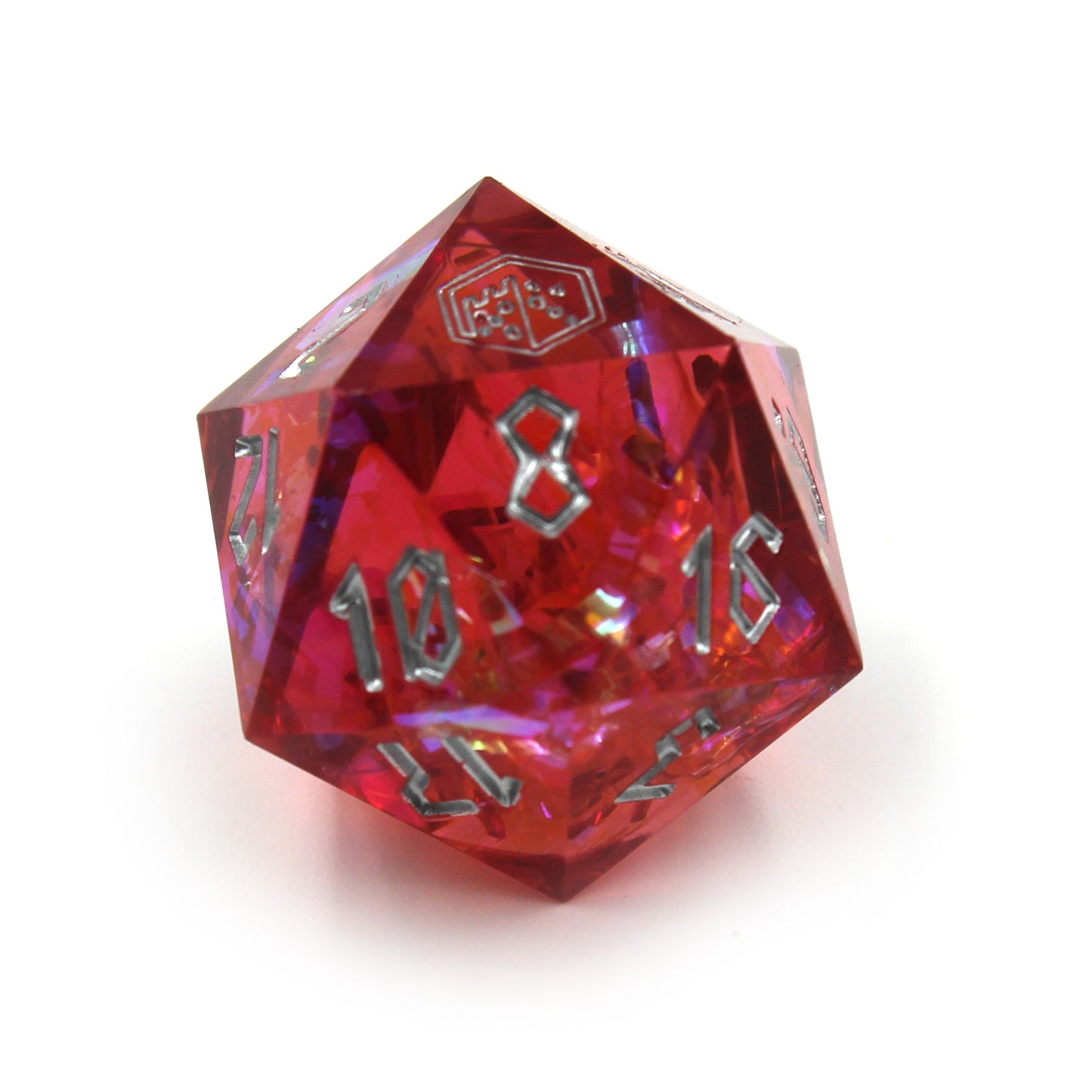 StarGlow Red D20 displayed by itself, featuring sharp edges, red resin, and shimmering teal, silver, and purple inclusions.