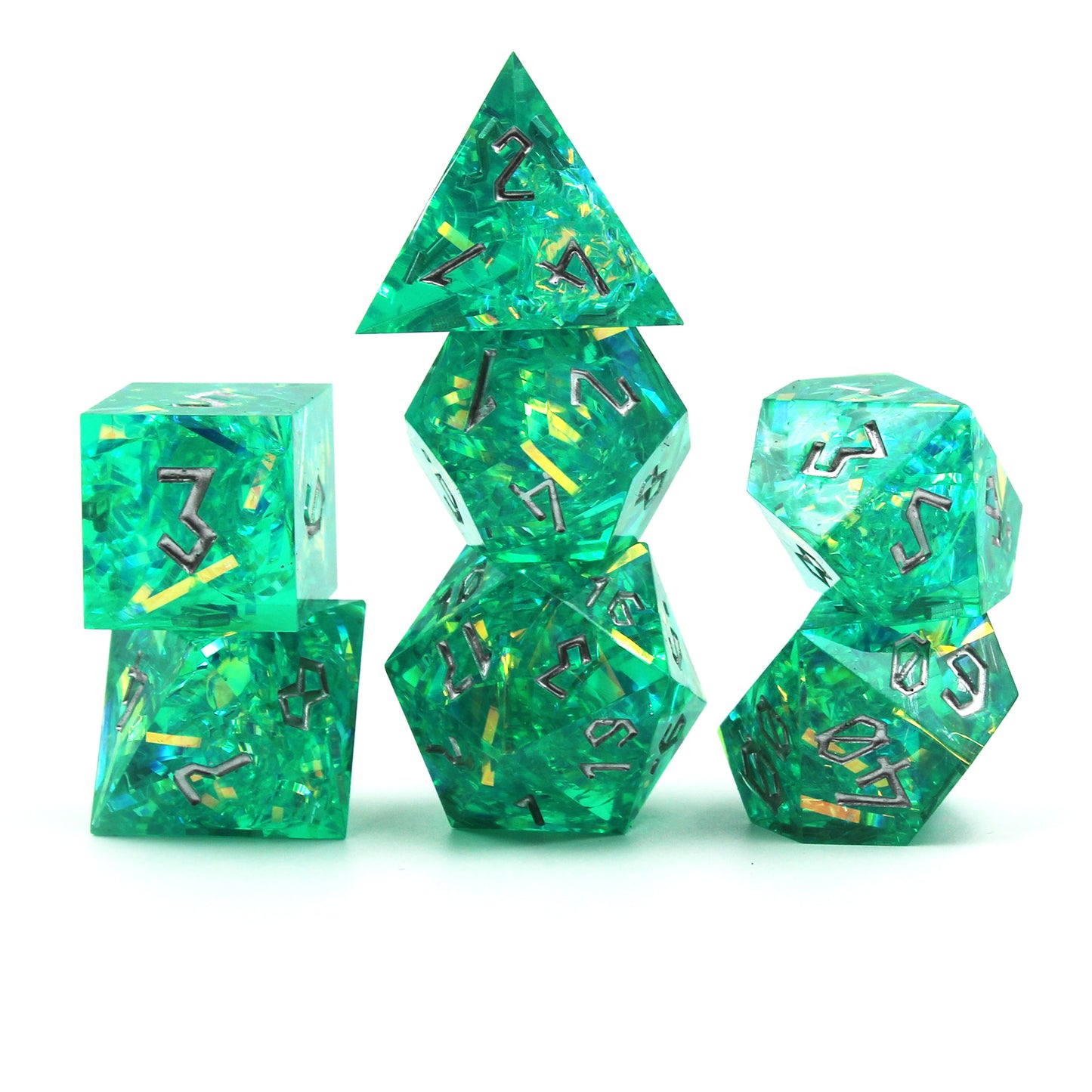 Stacked StarGlow Turquoise dice set, highlighting sharp edges and silver numbering.