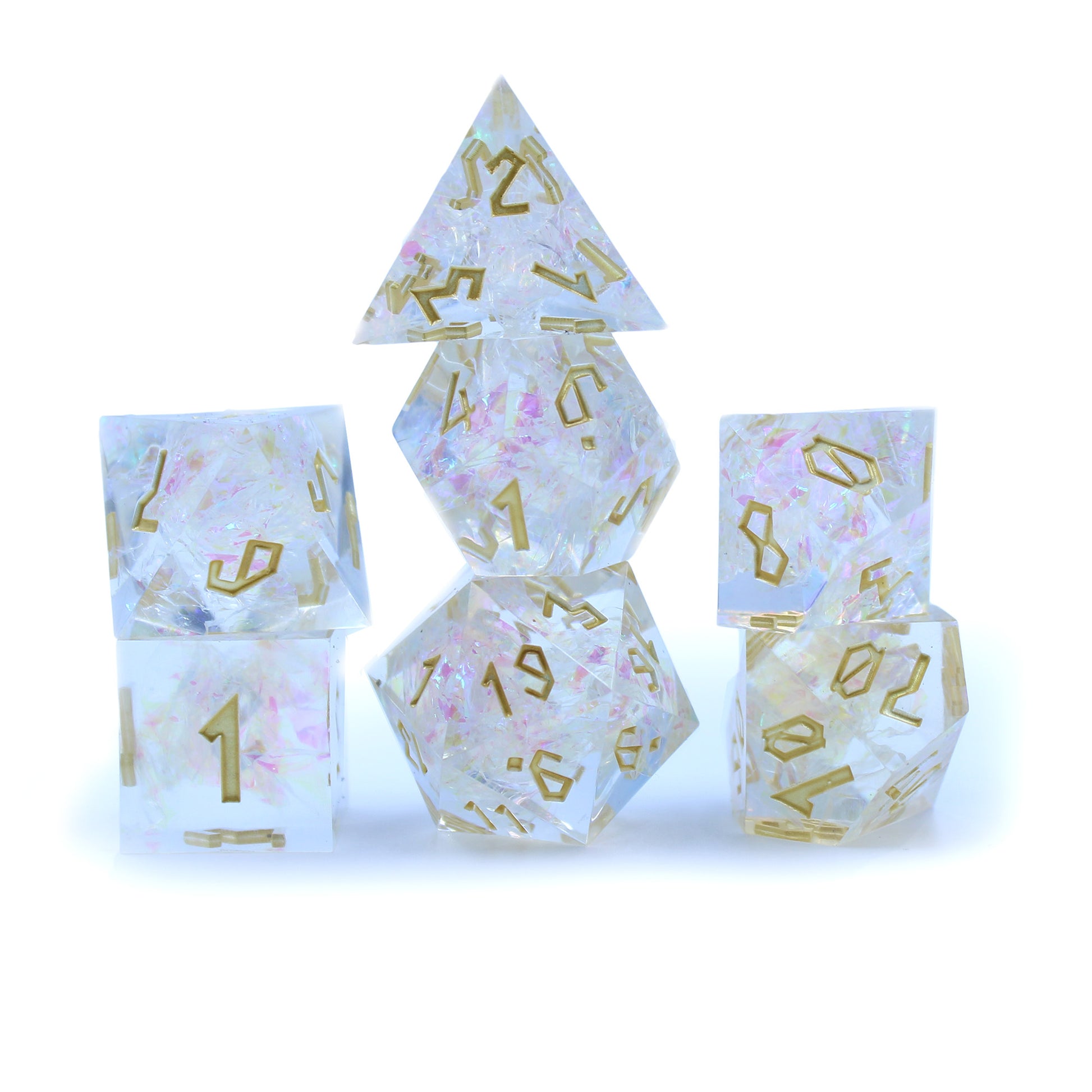 StarGlow White dice set arranged in three columns on a white background.