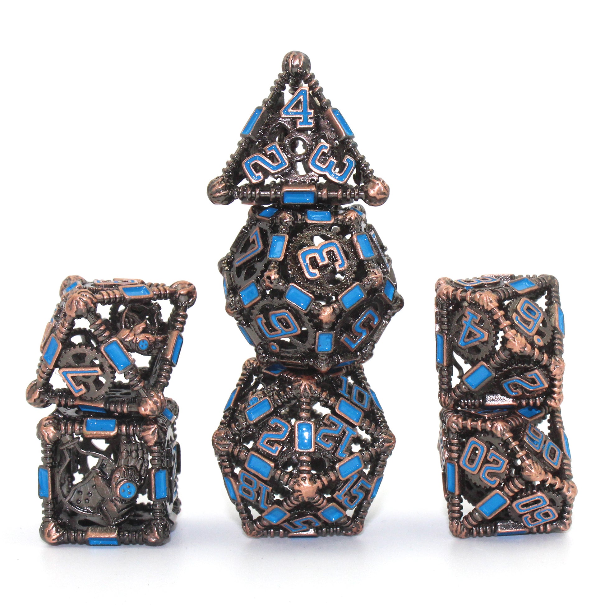 All 7 copper and blue dice piled up in 3 stacks. Two dice in first stack, three dice in second stack, two dice in third stack. All on a white background.