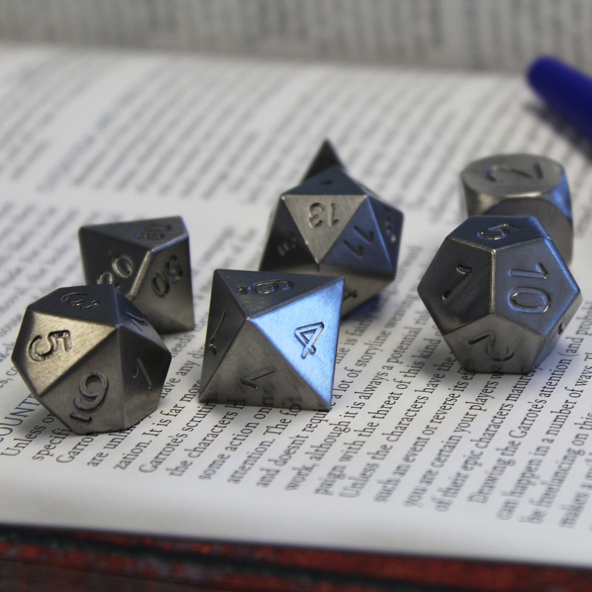 Tungsten RPG dice set arranged on a printed surface showing a close up of dice that are five times harder than tool steel. The d8 is center showing the 4 face catching the light with a clearly legible numeral.