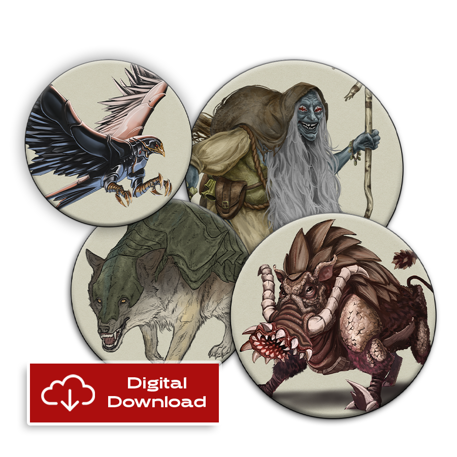 Four tokens with images of different mutated monster art displayed on a white background. Red rectangle with words "digital download" on bottom left of image.
