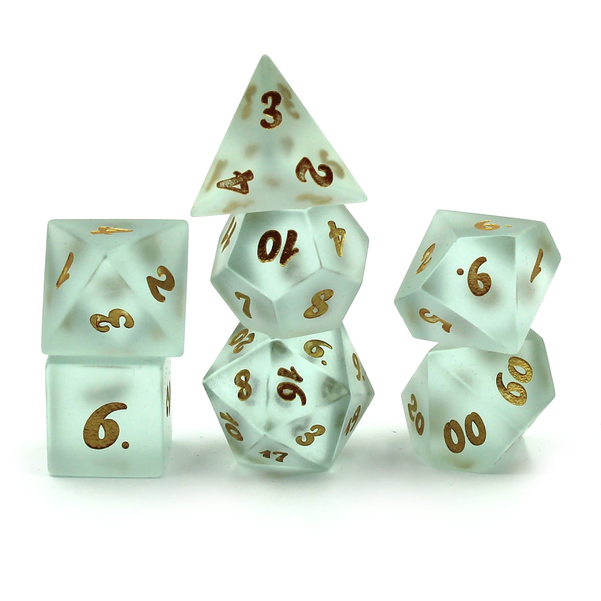 Set of Powder Blue Frosted Glass Dice with Gold Numbering on a White Background