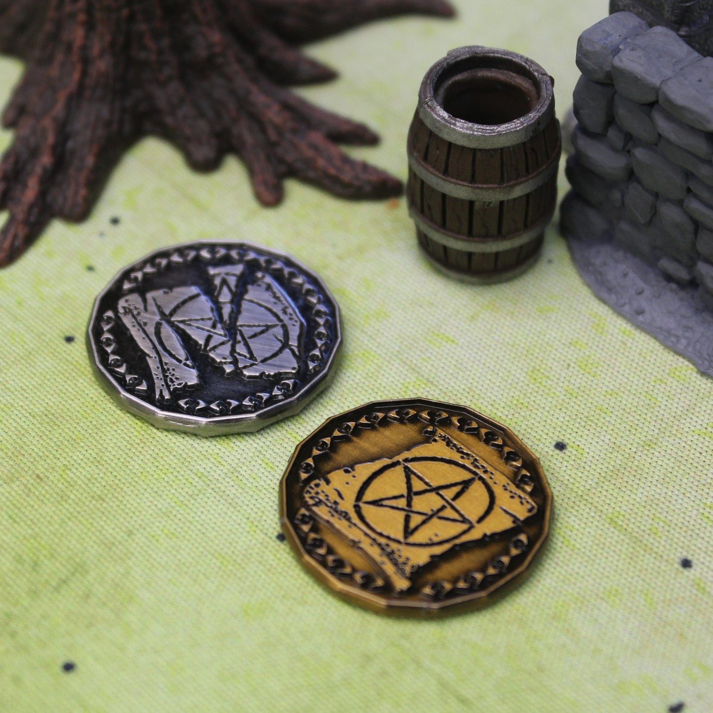 Two Silver and Gold Warlock Tokens on a Battle Map