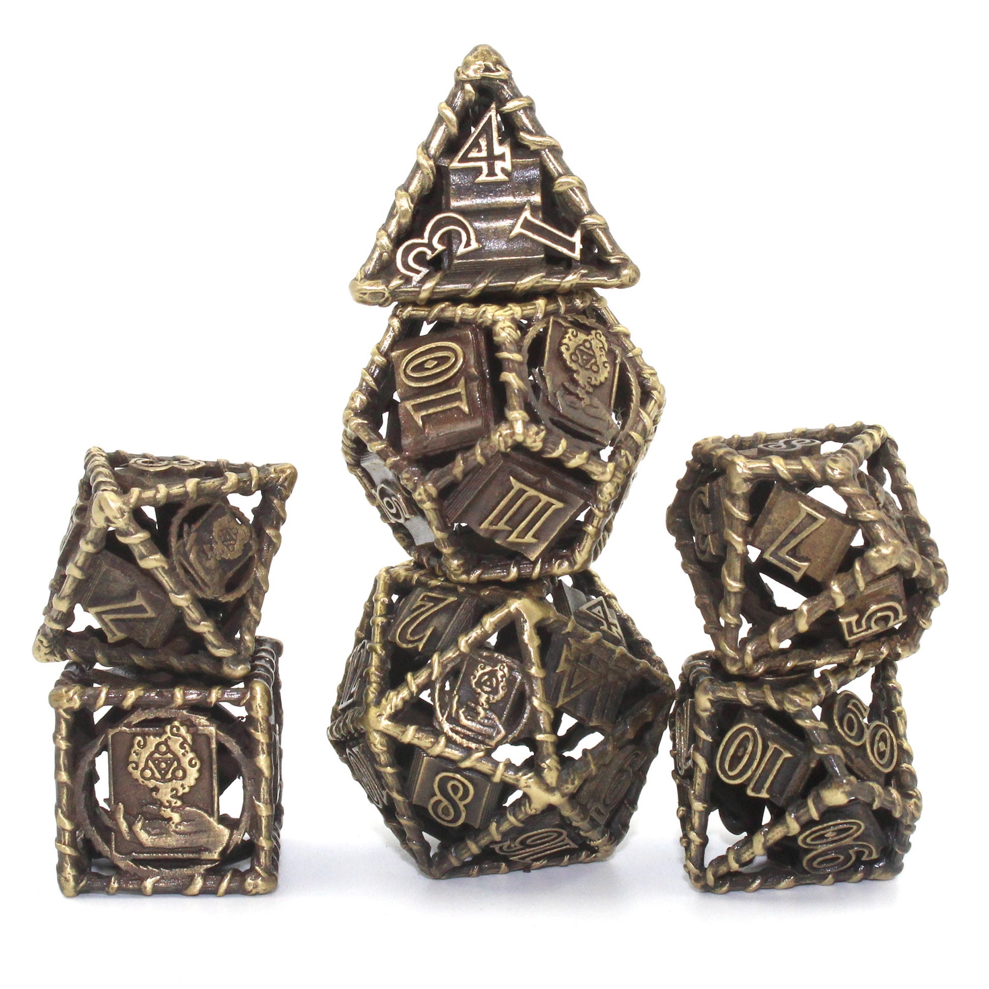 All 7 bronze dice piled up in 3 stacks. Two dice in first stack, three dice in second stack, two dice in third stack. All on a white background.