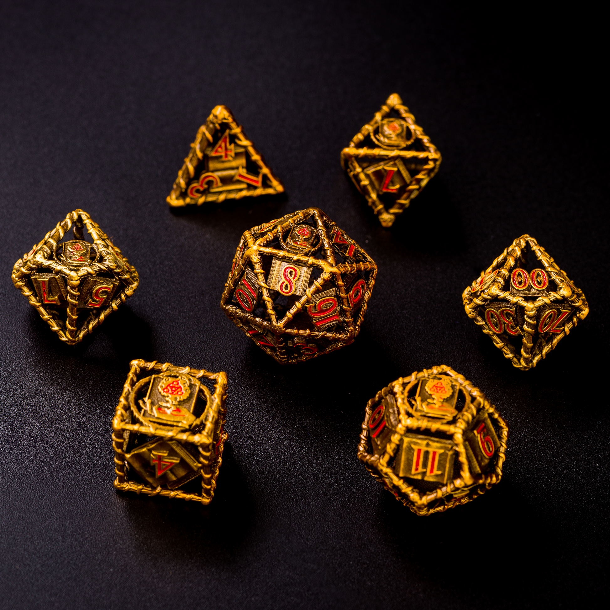 all 7 dice on a black background, with the 20 sided die in the middle and the other six dice in a circle around it.