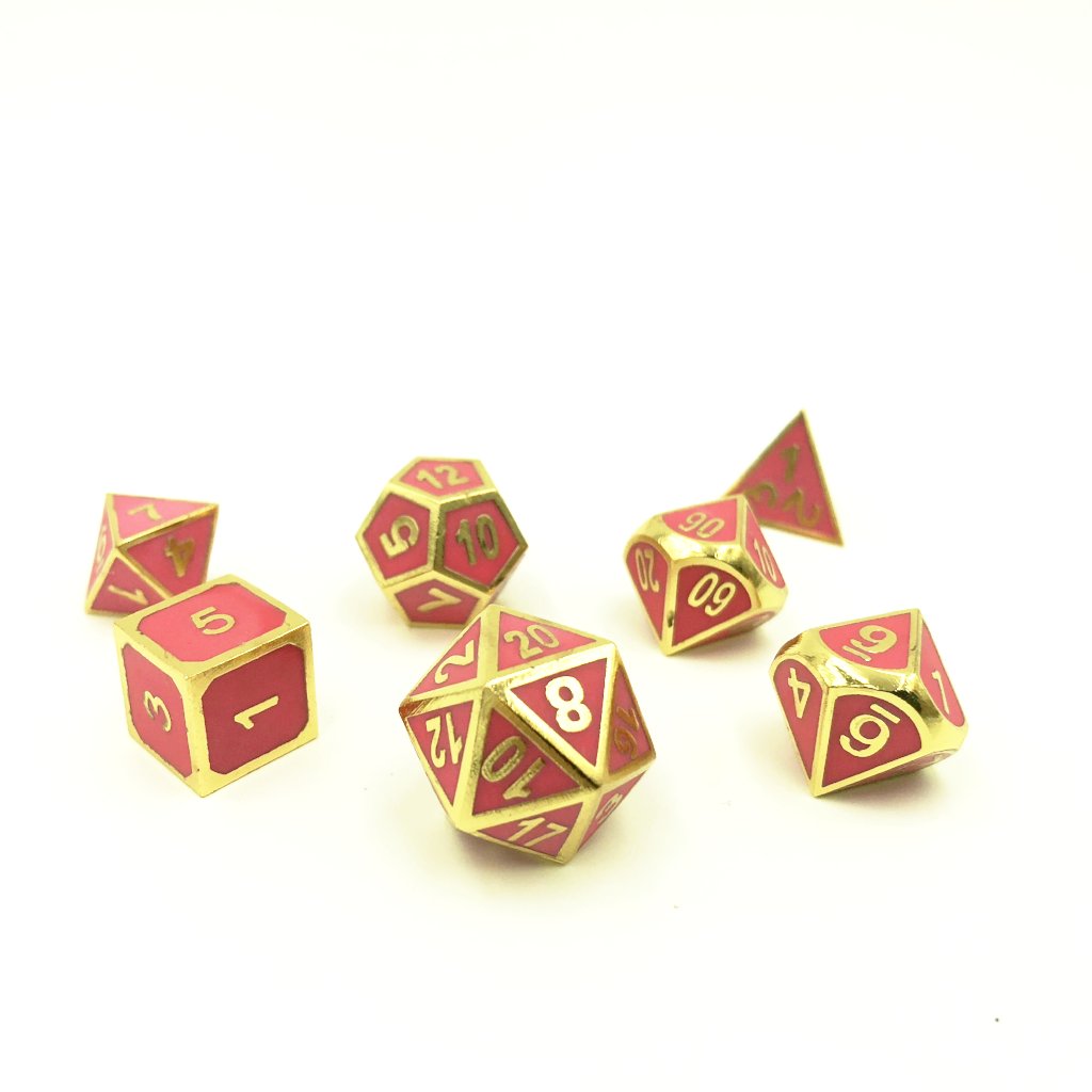 Imperial pink dice scattered on a white background.