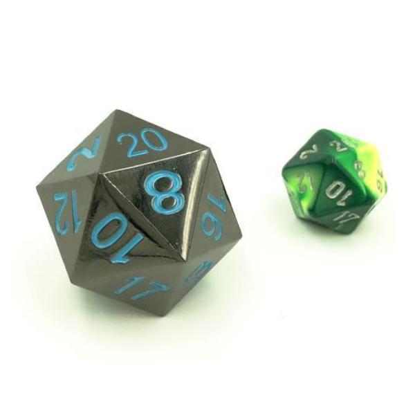 Jumbo Metal Frost D20 Compared to a Standard Plastic D20 for Scale, Displaying the 33mm Size Difference in Black Nickel-Zinc with Blue Numbers on a white background