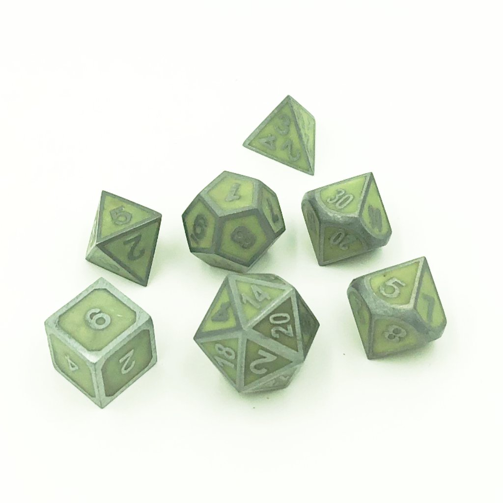 Metal Imperial Glow in the Dark dice set scattered on a white background
