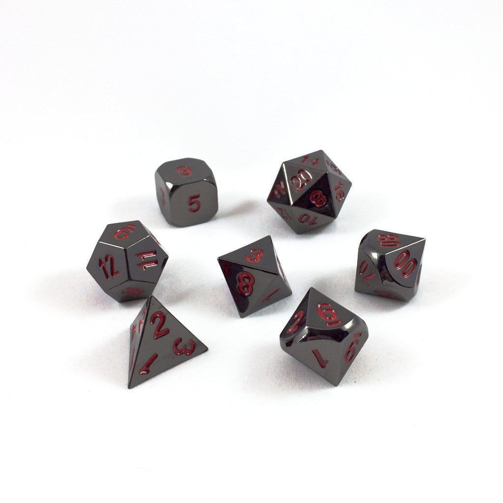 Metal Black Ember dice set arranged in a circle on a white background. The D8 is in the center, with the other six dice surrounding it.