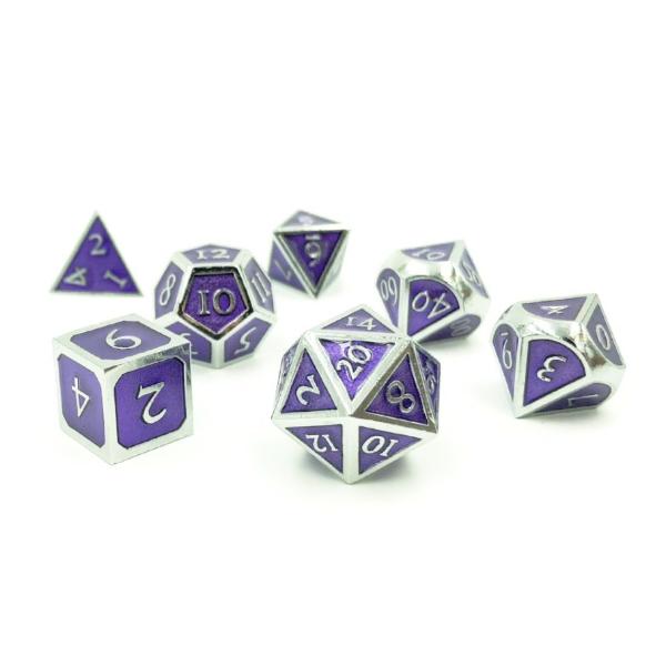 Metal Imperial Magi Purple Dice Set scattered on a white background