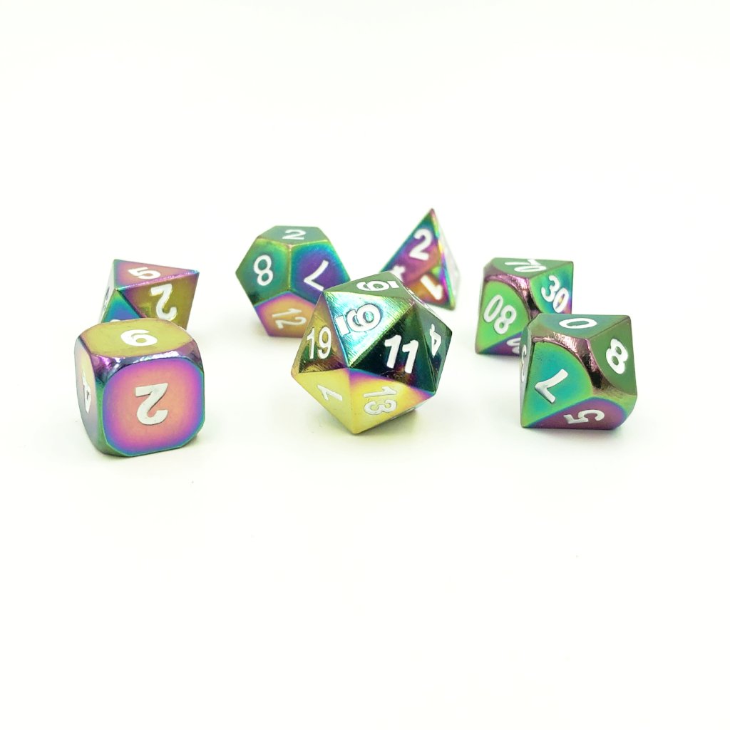 Alchemist's Oil dice scattered on a white background.