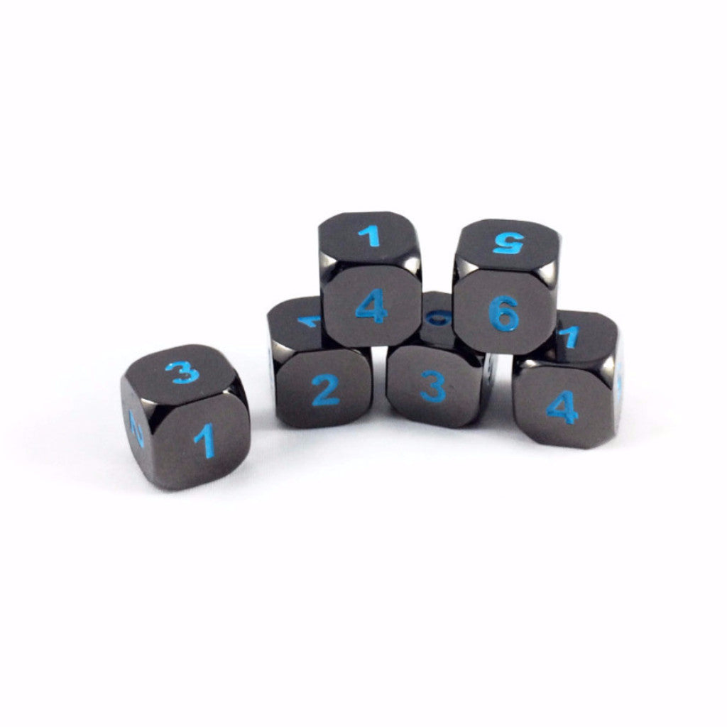 Six Black Frost D6 dice scattered on a white background