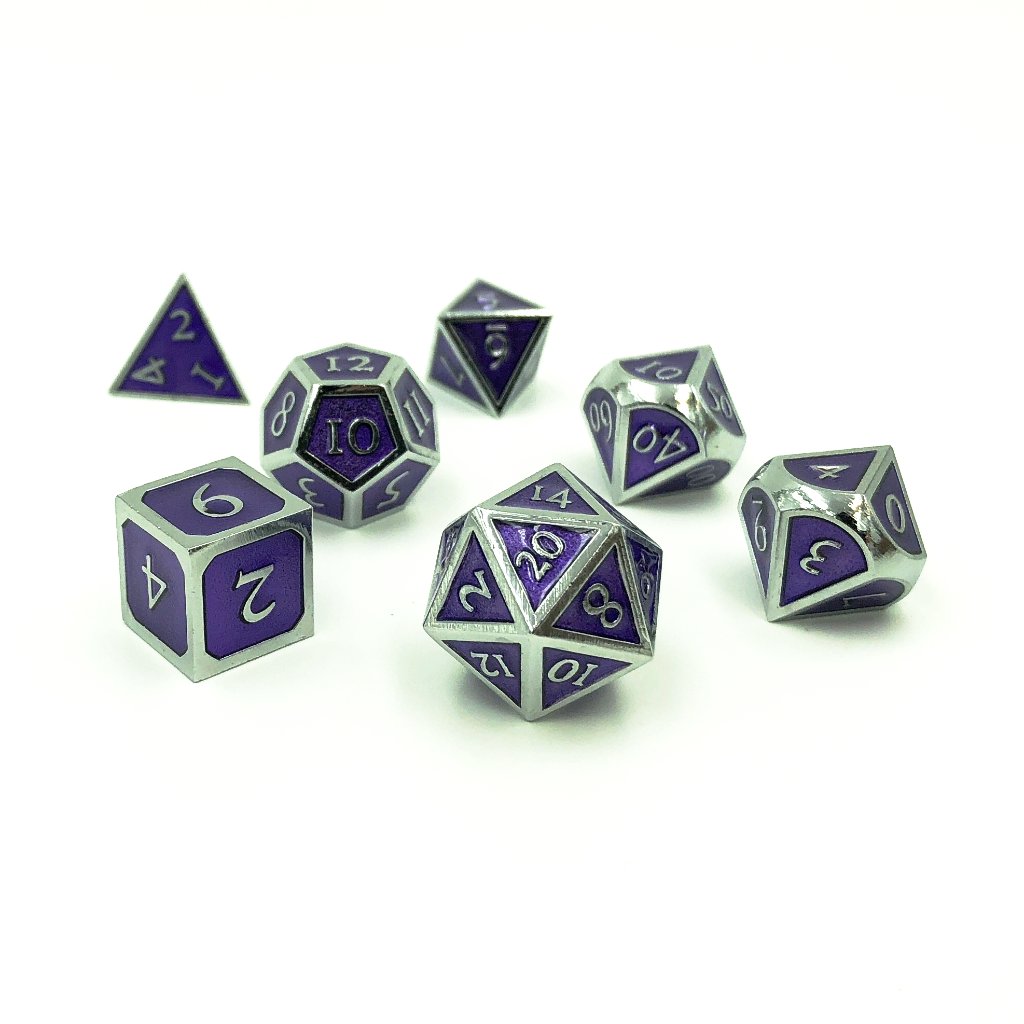 Metal Imperial Magi Purple Dice Set scattered on a white background