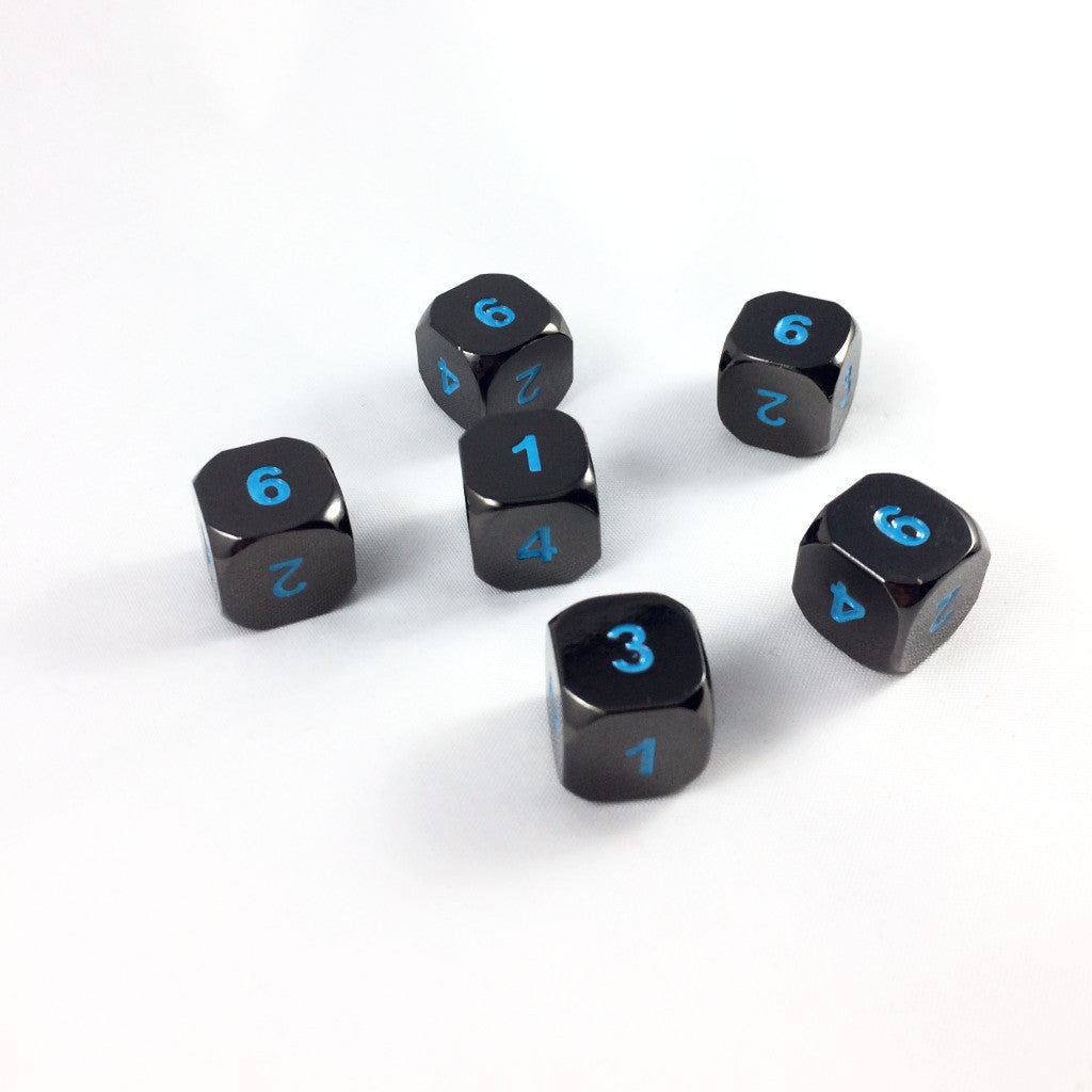 Six Black Frost D6 dice scattered on a white background
