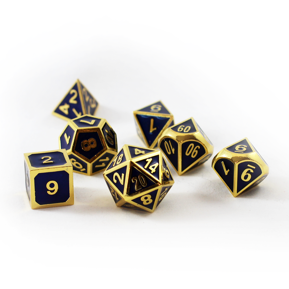 Imperial blue and gold dice set scattered on a white background