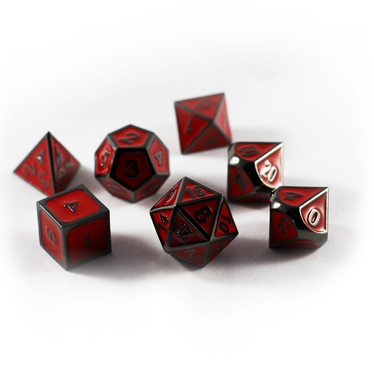 Metal Imperial Red dice set scattered on a white background