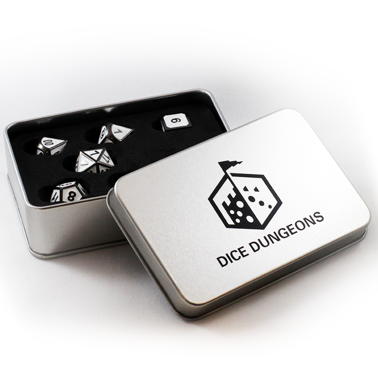 Imperial White dice set inside of a Dice Dungeons silver display box on a white background. The box is opened so the dice can be seen positioned inside, and the lid of the box is leaning against the base.